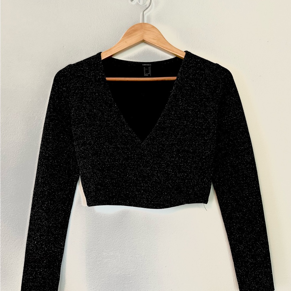 Black Glittery V-Neck Top